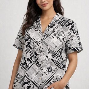 Self Esteem Monochrome Newsprint Button Down Shirt